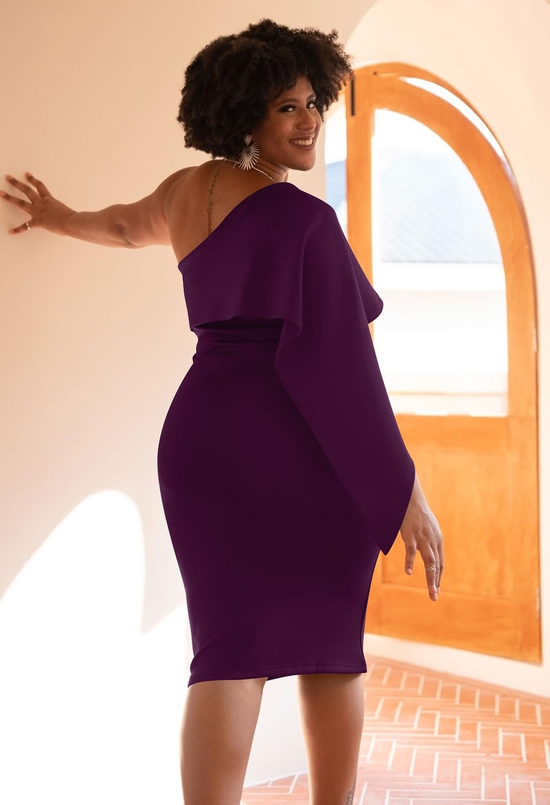 GOBLES Women's Summer Sexy One Shoulder Ruffle Bodycon Midi Cocktail Dress Purple - Image 4